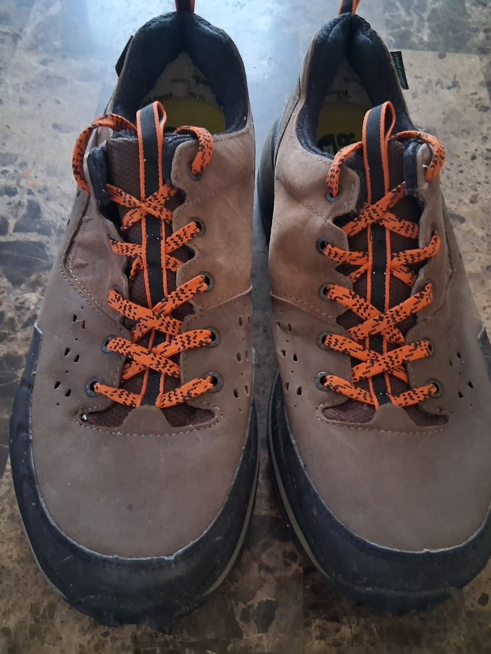 Hoka Brown Athletic Shoes with Orange Laces